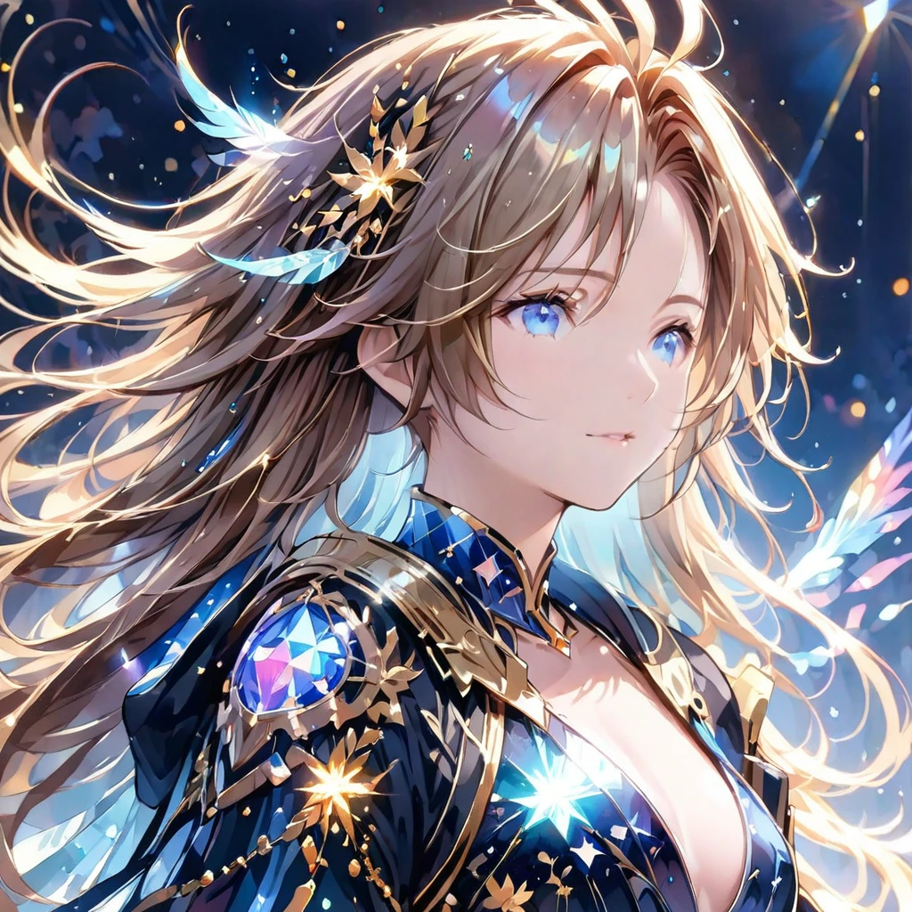 (8K, Highest quality, masterpiece:1.2),(Highest quality:1.0), (Ultra-high resolution:1.0), (((金と銀のツートンカラーの髪)))、watercolor, Beautiful woman, shoulder, Costumes adorned with light refraction、Twinkling of the stars、Diamond Sparkle、Hair Ribbon, Agnes Cecil, Half Body Portrait, Super bright design, pastel colour, (ink:1.3), Autumn Light,
