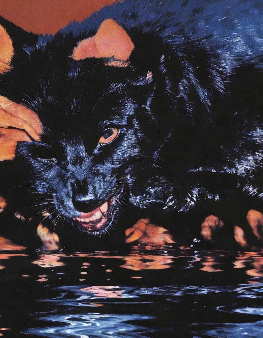 black cats kissing in black water, sunset background