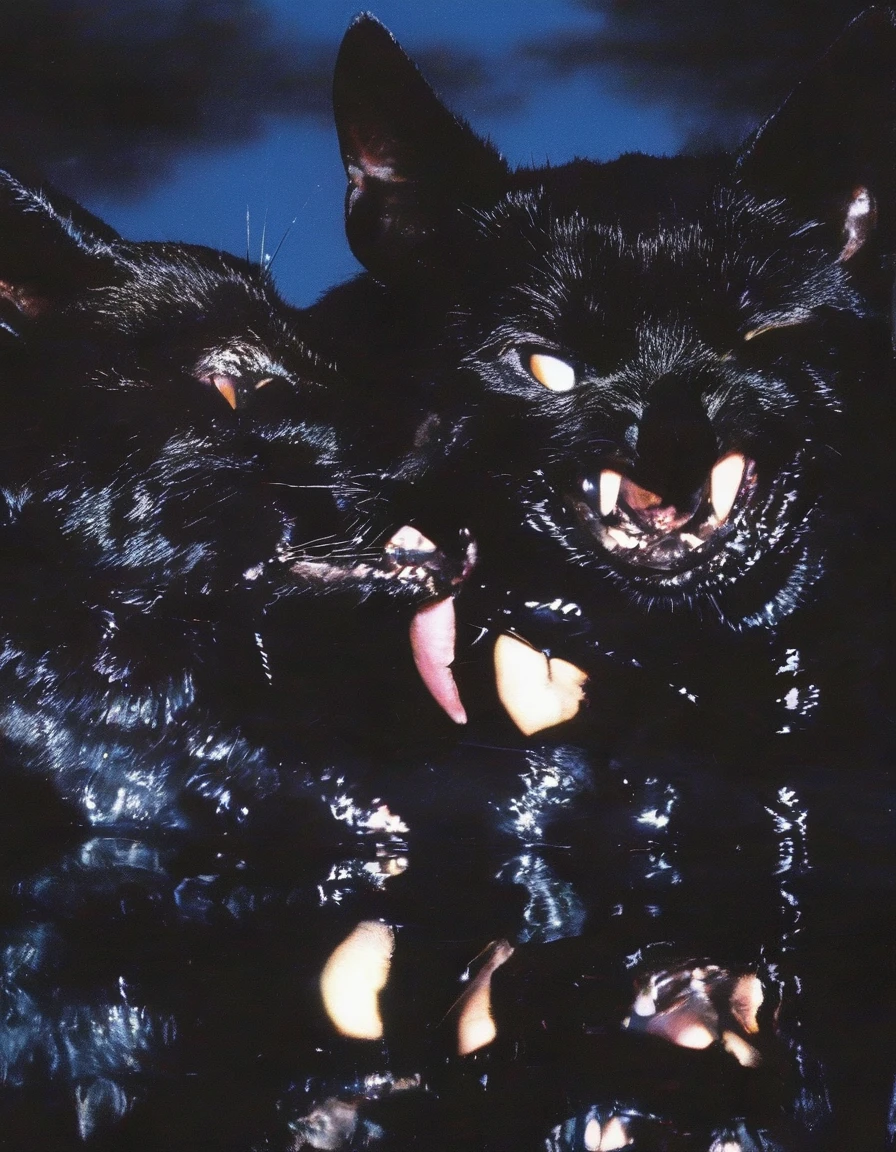 black cats kissing in black water, sunset background