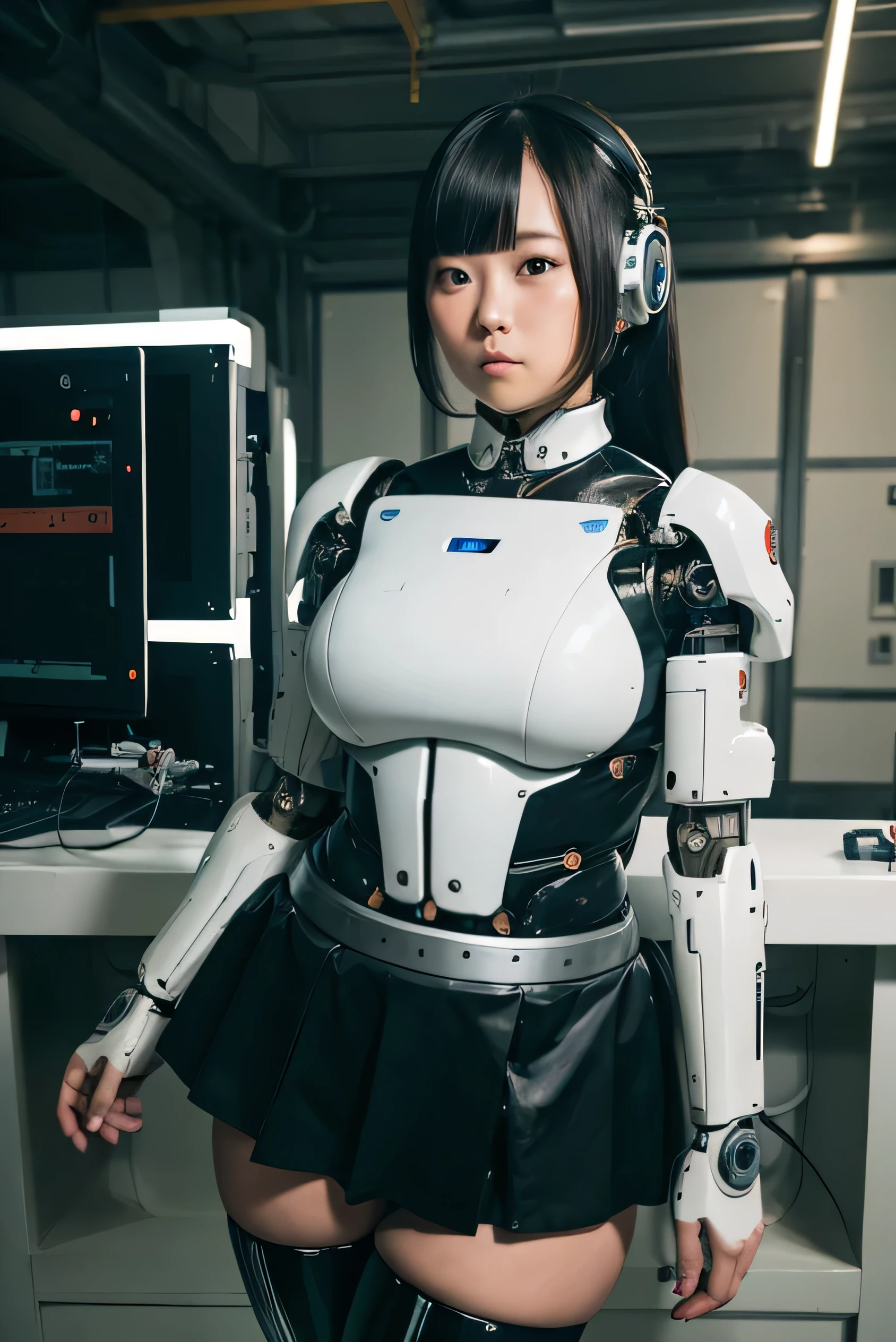 masterpiece, best quality, extremely detailed, Japaese android girl,Plump , control panels,android,Droid,Mechanical Hand, Robot arms and legs,Blunt bangs,perfect robot girl,long tube,thick cable connected her neck,android,robot,humanoid,cyborg,japanese cyborg girl ,future laboratory,robot laboratory,maintenance,connecting a cable between the legs,skirt,fat,chubby,She is charging now,