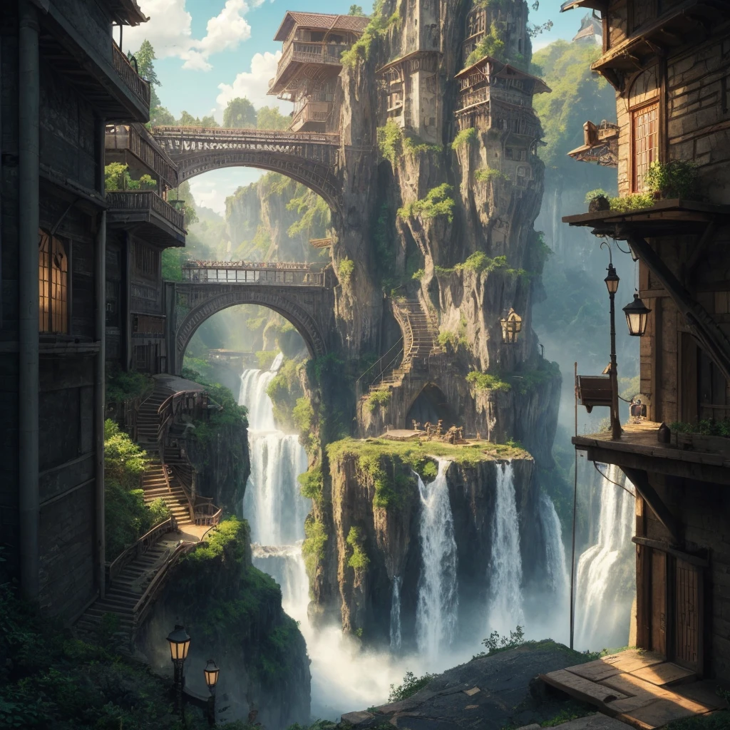 There is a waterfall in the middle of a city with a bridge - SeaArt AI