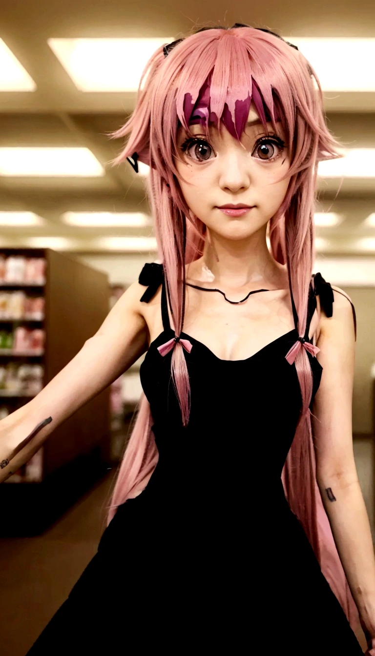 a close up of a person in a dress with pink hair, as an anime character, anime girl named gasai yuno, anime girl wearing a black dress, anime character, mirai nikki, female anime character, anime style like Mirai nikki inspired by mirai nikki, human pink female human girl, mirai nikki style, an anime girl