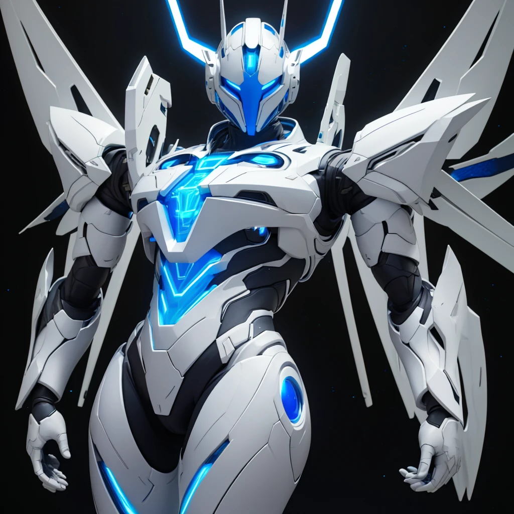 Dronificated unknown femboy in a fully enclosed white latex fullbody suit with blue lights across the suit and star shaped glowing core in the chest, fully enclosed cyber helmet that cover his whole face and hides his identity with a blue screen that has a white star, flat chest, narrow waist, wide hips and thick thighs, open Mechanical wings, underwater, no face, no hair, no mouth, no eyes, (perfect anatomy)