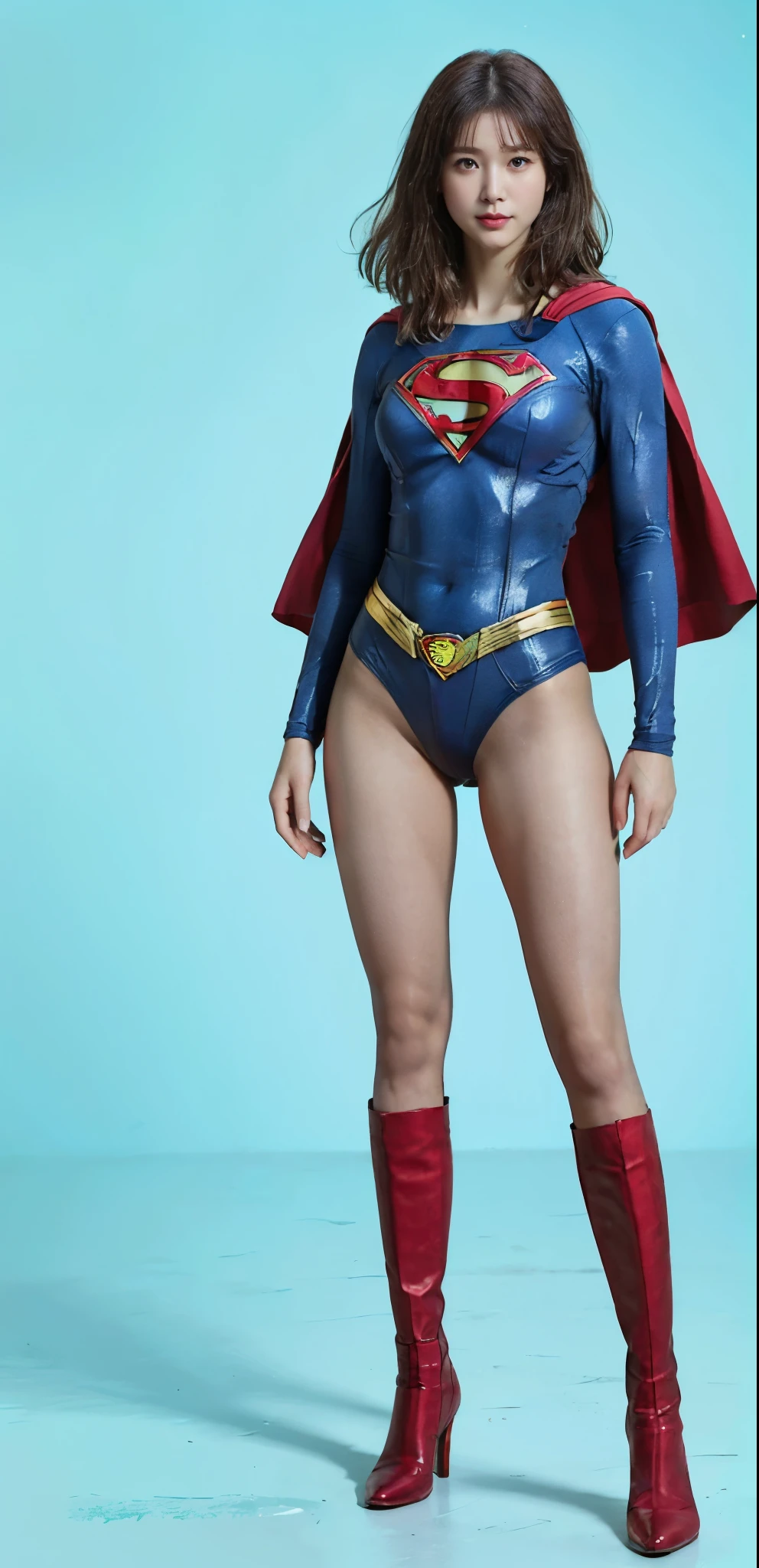 No background、(((Beautiful legs in black tights.)))、(((Legally express the beauty of your smile)))、((((Make the most of your original images)))、(((Supergirl Costume)))、(((Beautiful very short hair)))、(((suffering)))、(((Please wear black tights....、Wear red boots)))、((Best image quality、8K))、((Highest quality、8K、masterpiece:1.3))、(((Preserve background )))、Sharp focus:1.2、Beautiful woman with perfect figure:1.4、Slim Abs:1.2、Wet body:1.5、Highly detailed face and skin texture、8K