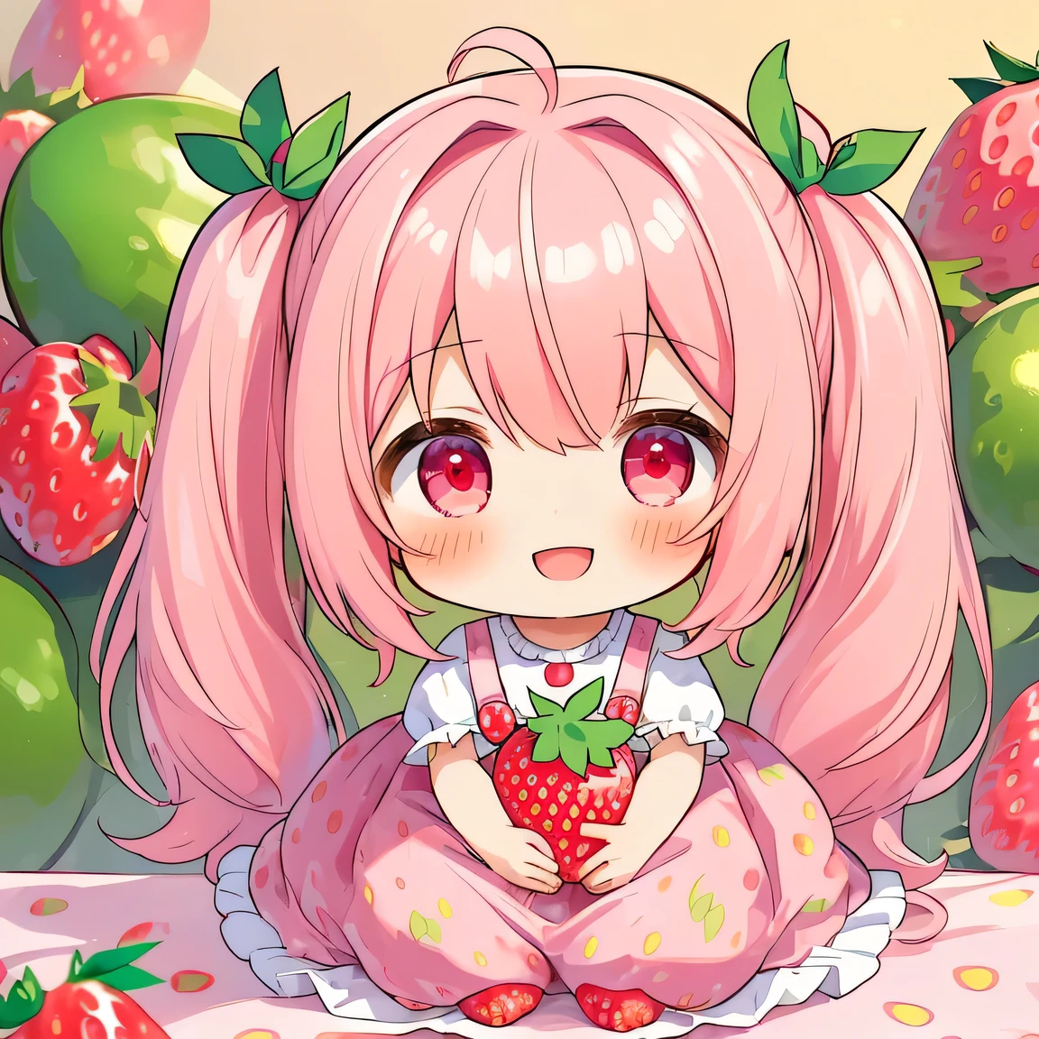 ((masterpiece)), ((best quality)), (ultra-detailed), ((kawaii)), cute, (lovely), illustration, anime style, full body, (chibi:1.4), A soft and gentle anime illustration, It features a 12-year-old girl with fluffy, permed twin-tails dyed pink, (large strawberry hair ties:1.5), She has pink eyes and a cute, Her overall appearance is adorable and exudes a sense of self-assurance, (smile:1.2), pastel pink outfit, ((strawberry print)).