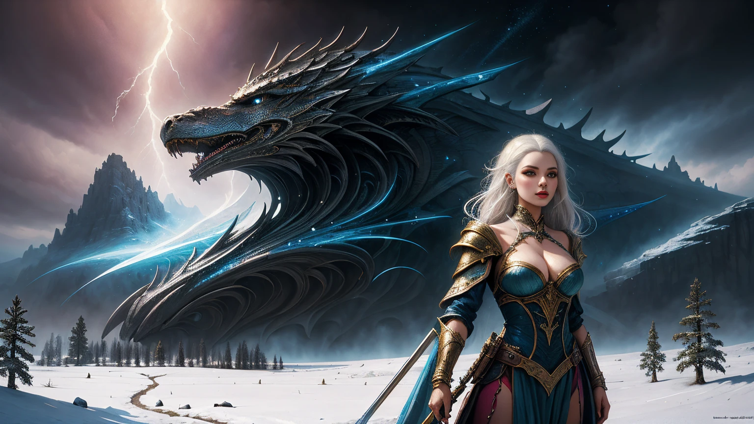 (Best Quality, 8K, Masterpiece: 1.2), Very Detailed Face, Beautiful Detailed Eyes, Beautiful Detailed Lips, Ultra Detailed Big Breasts, Extremely Profiled Breasts, Extreme Detail Description, Vivid and Intense Colors, Vibrant Colors, Bright Magic Aura, Ethereal Lighting, White Haired Woman in Skimpy Outfit Stands in the Snow, Fantasy Art Style, 8K Fantasy Art, Fantasy Woman, Epic Fantasy Art Style, Digital Fantasy Art), Karol Bak UHD, Epic Fantasy Digital Art Style, Beautiful Fantasy Art, 8k Fantasy Art, Fantasy Artwork