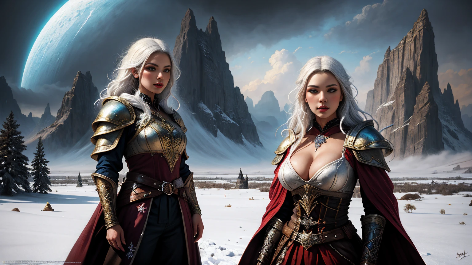 (Best Quality, 8K, Masterpiece: 1.2), Very Detailed Face, Beautiful Detailed Eyes, Beautiful Detailed Lips, Ultra Detailed Big Breasts, Extremely Profiled Breasts, Extreme Detail Description, Vivid and Intense Colors, Vibrant Colors, Bright Magic Aura, Ethereal Lighting, White Haired Woman in Skimpy Outfit Stands in the Snow, Fantasy Art Style, 8K Fantasy Art, Fantasy Woman, Epic Fantasy Art Style,  Digital Fantasy Art), Karol Bak UHD, Epic Fantasy Digital Art Style, Beautiful Fantasy Art, 8k Fantasy Art, Fantasy Artwork