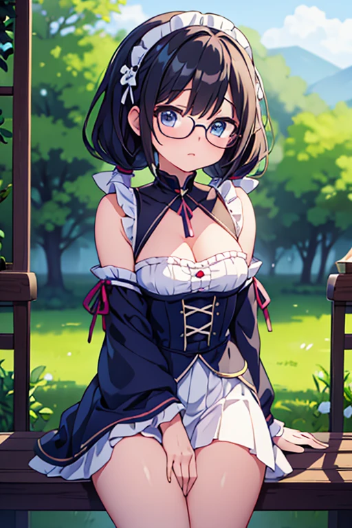 (masterpiece), (highest quality), ((Super detailed))、(super delicate)、Cute naughty peasant girl、Pastel colors hair、medium breasts、Thighs、Gorgeous、black hair, short hair, (low twintails), glasses, standard height, (anxious face:1,2、blush:1.2, quiet personality:1.2, shy), (naked)