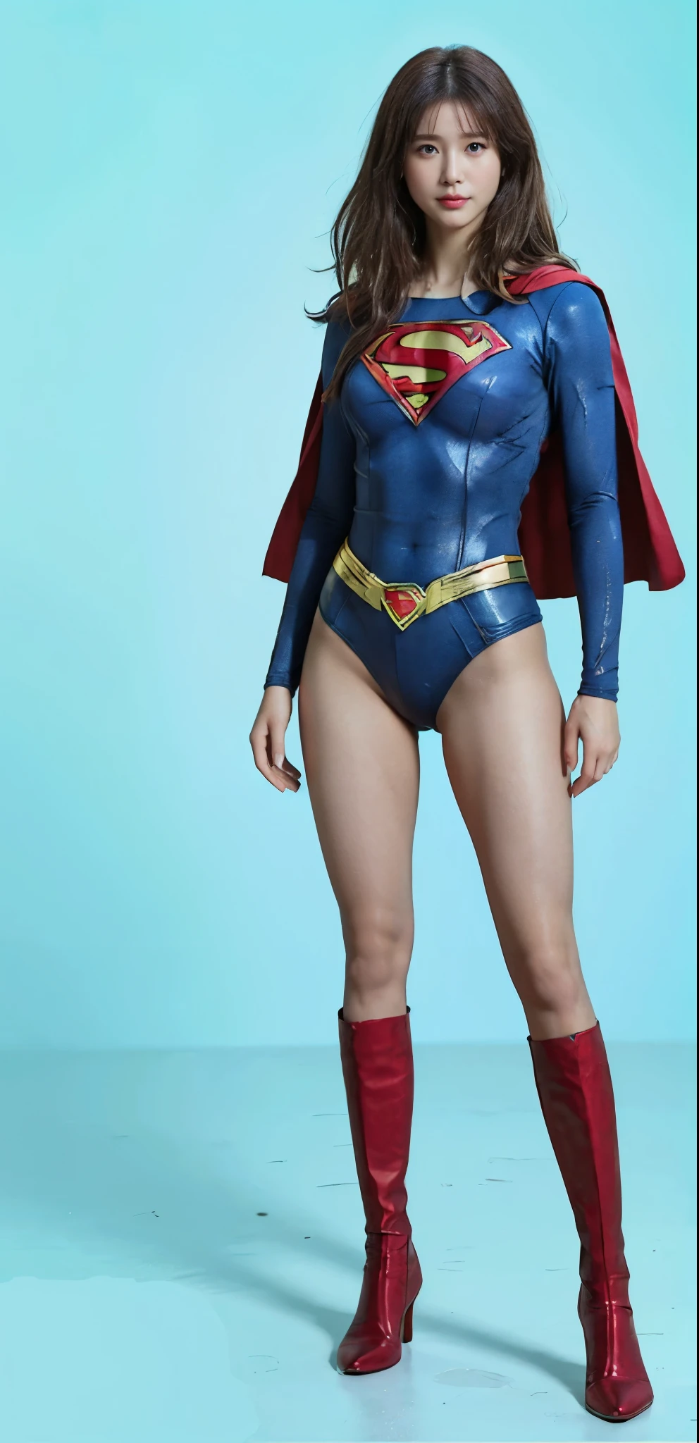 No background、(((Beautiful legs in black tights.)))、(((Legally express the beauty of your smile)))、((((Make the most of your original images)))、(((Supergirl Costume)))、(((Beautiful very short hair)))、(((suffering)))、(((Please wear black tights....、Wear red boots)))、((Best image quality、8K))、((Highest quality、8K、masterpiece:1.3))、(((Preserve background )))、Sharp focus:1.2、Beautiful woman with perfect figure:1.4、Slim Abs:1.2、Wet body:1.5、Highly detailed face and skin texture、8K