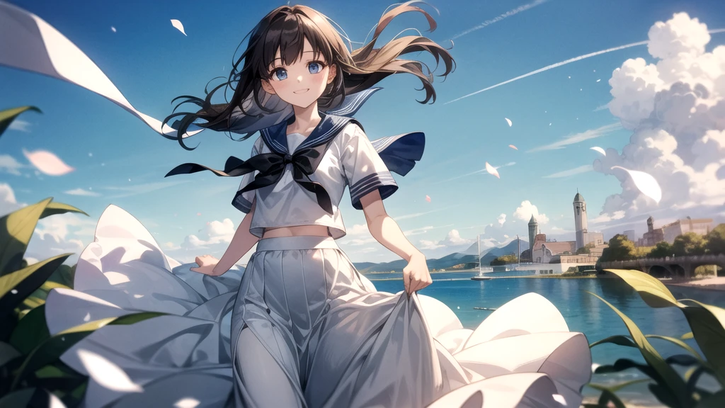 (masterpiece),  town,  blue sky,  One Girl,  smile,  alone,  Sailor suit、Long skirt,  Overgrown,  petal,  plant、Skirt lining、Translucent slip、Nostalgic、Strong winds、Skirt fluttering in the wind