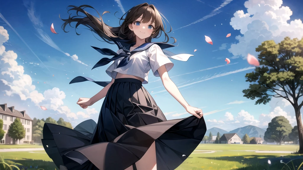 (masterpiece),  town,  blue sky,  One Girl,  smile,  alone,  Sailor suit、Long skirt,  Overgrown,  petal,  plant、Skirt lining、Translucent slip、Nostalgic、Strong winds、Skirt fluttering in the wind