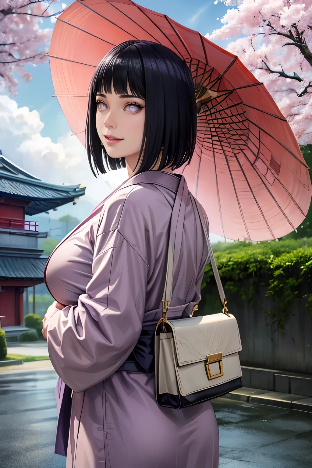 (best quality,4k,8k,highres,masterpiece:1.2),ultr
a-detailed,realistic,photorealistic:1.37,detailed
eyes,beautiful detailed lips, pale, hinata hyuga from Naruto wearing beautiful kimino, perfect figure, attractive rounded breasts, smiling, puffy lips, posing in cloudy weather, in front of japanese temple, people in the background, outdoor ,clouds, cherry blossom trees, green trees, sakura falling, posing with a bag, short hair, realistic hands, realistic hair, realistic nose, realistic lips, improve fingers, dark cloudy weather with no sunlight, wearing kimono, japanese traditional dress, crowded area, rainy clouds , purple patterned kimino, people going temple, portraits, no sunight dark weather