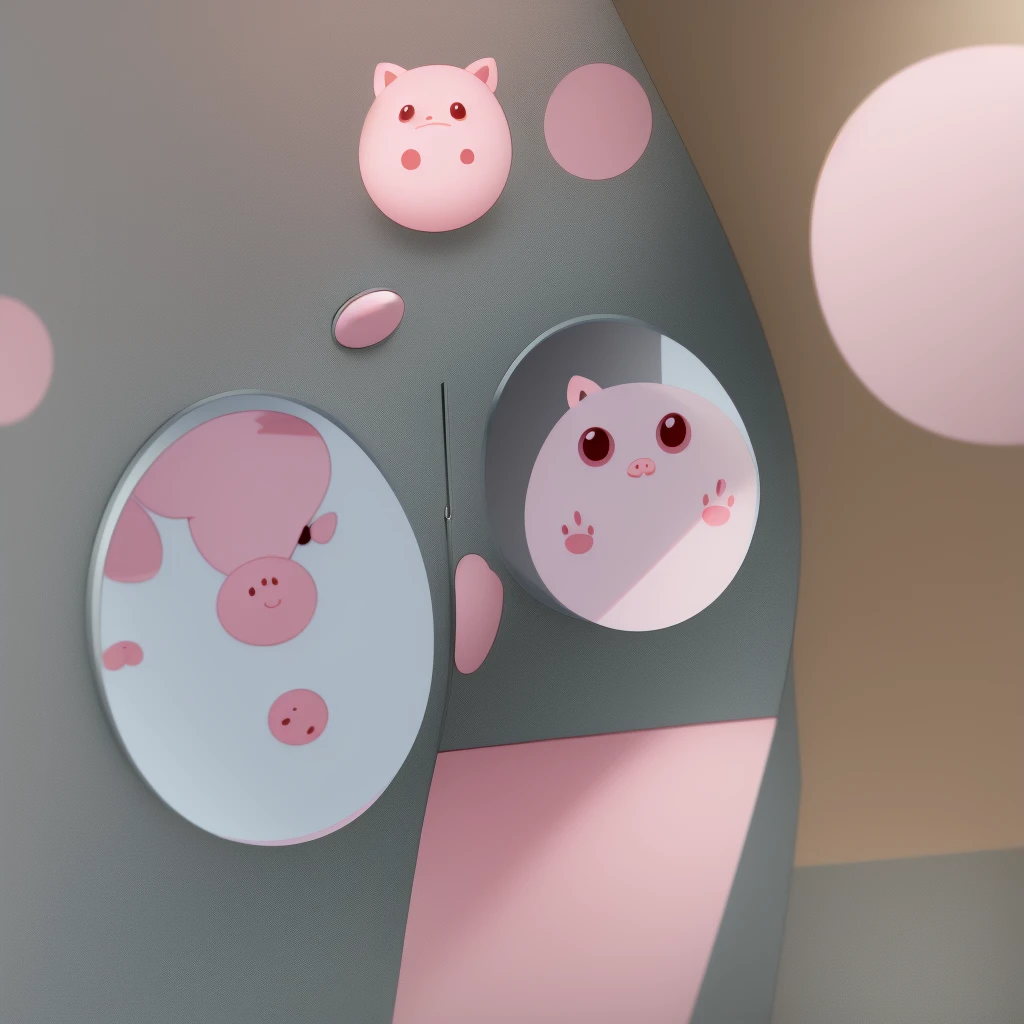3D rendered illustration, cute chibi-style pig character taking a selfie in front of a mirror. Big round eyes, soft pastel pink skin, tiny ears. Wearing a fashionable mini dress. Modern bedroom background. Kawaii aesthetic, Pixar-inspired, charming and adorable. Smooth textures, soft lighting.