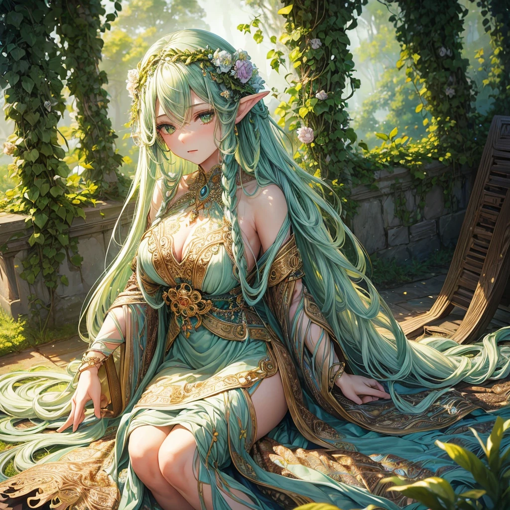 (masterpiece), best quality, expressive eyes, perfect face, dryad sitting gracefully, wearing an intricate leaf dress, extremely long braided white hair, detailed and vibrant green eyes, steamy air creating a mystical ambiance, expressive tattoos (1.1), adorned with jewelry and ornaments, surrounded by beautiful flowers, optimal viewing angle, high priority