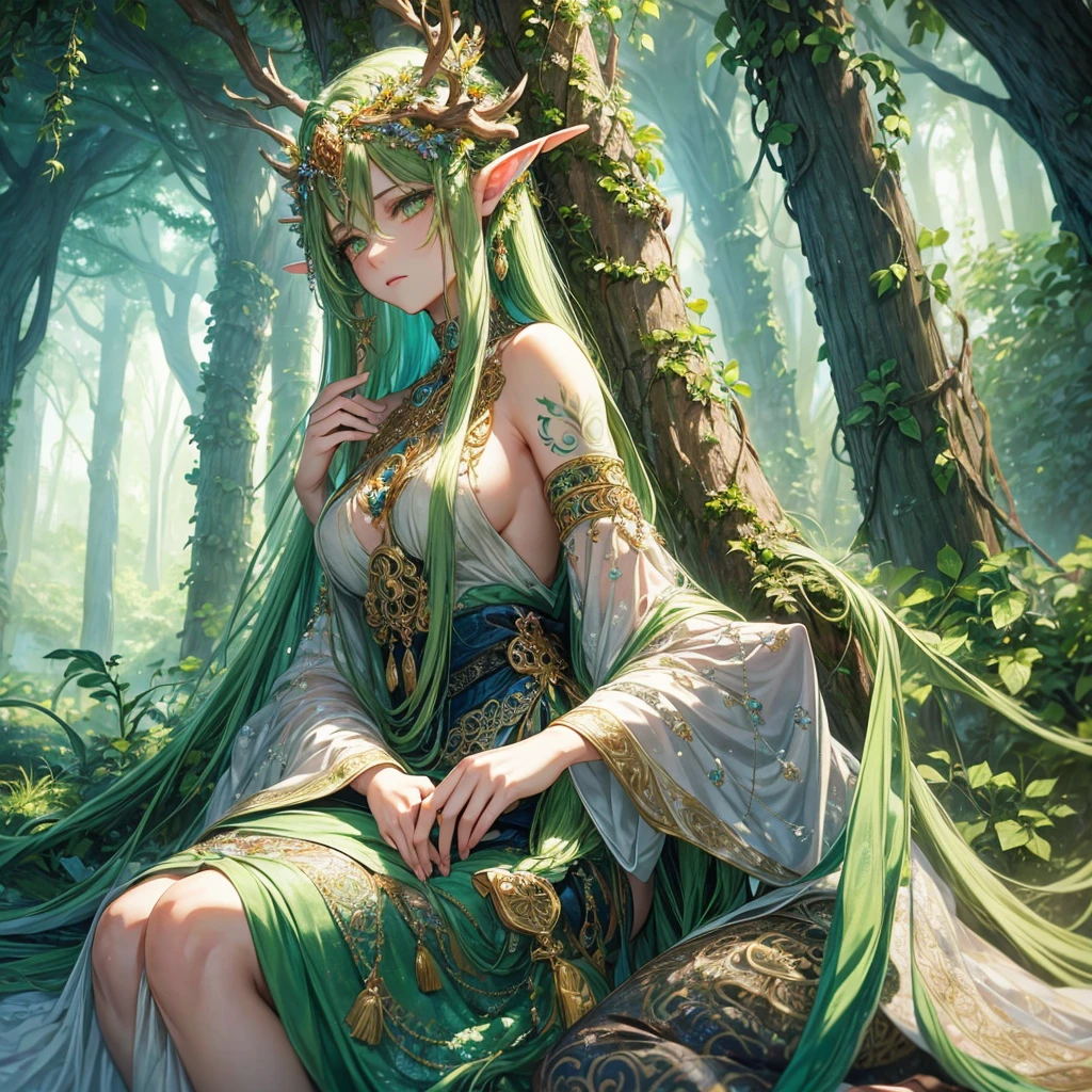 (masterpiece), best quality, expressive eyes, perfect face, dryad sitting gracefully, wearing an intricate leaf dress, extremely long braided white hair, detailed and vibrant green eyes, steamy air creating a mystical ambiance, expressive tattoos (1.1), adorned with jewelry and ornaments, surrounded by beautiful flowers, optimal viewing angle, high priority