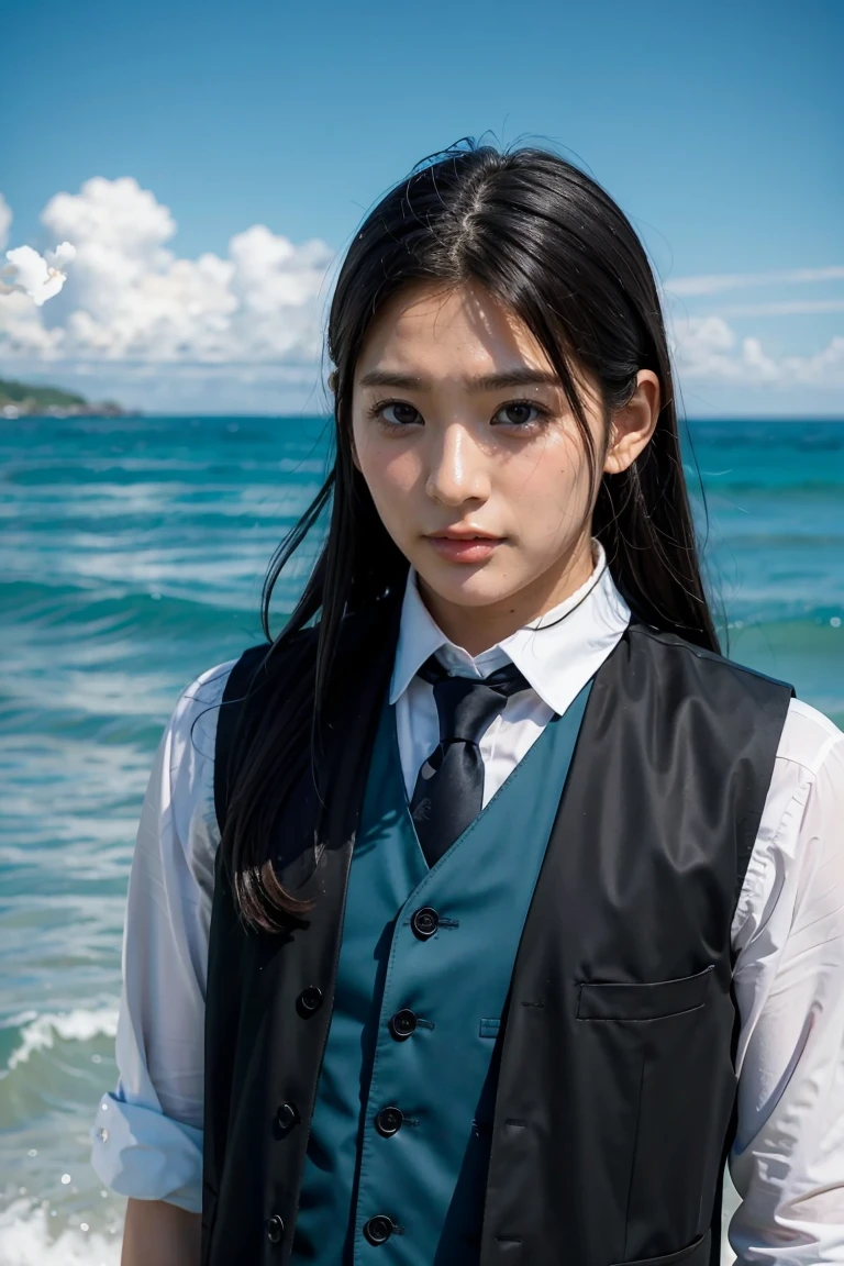 a young man with long black hair and a vest on standing in front of the ocean with a blue sky, (1girl:0.955), (bangs:0.575), (black eyes:0.572), (black hair:0.709), (blue sky:0.985), (closed mouth:0.536), (cloud:0.927), (day:0.980), (horizon:0.816), (japanese clothes:0.511), (lips:0.764), (long hair:0.775), (looking at viewer:0.811), (nose:0.534), (ocean:0.950), (outdoors:0.734), (realistic:0.814), (sky:0.988), (solo:0.937), (upper body:0.557), (water:0.600)