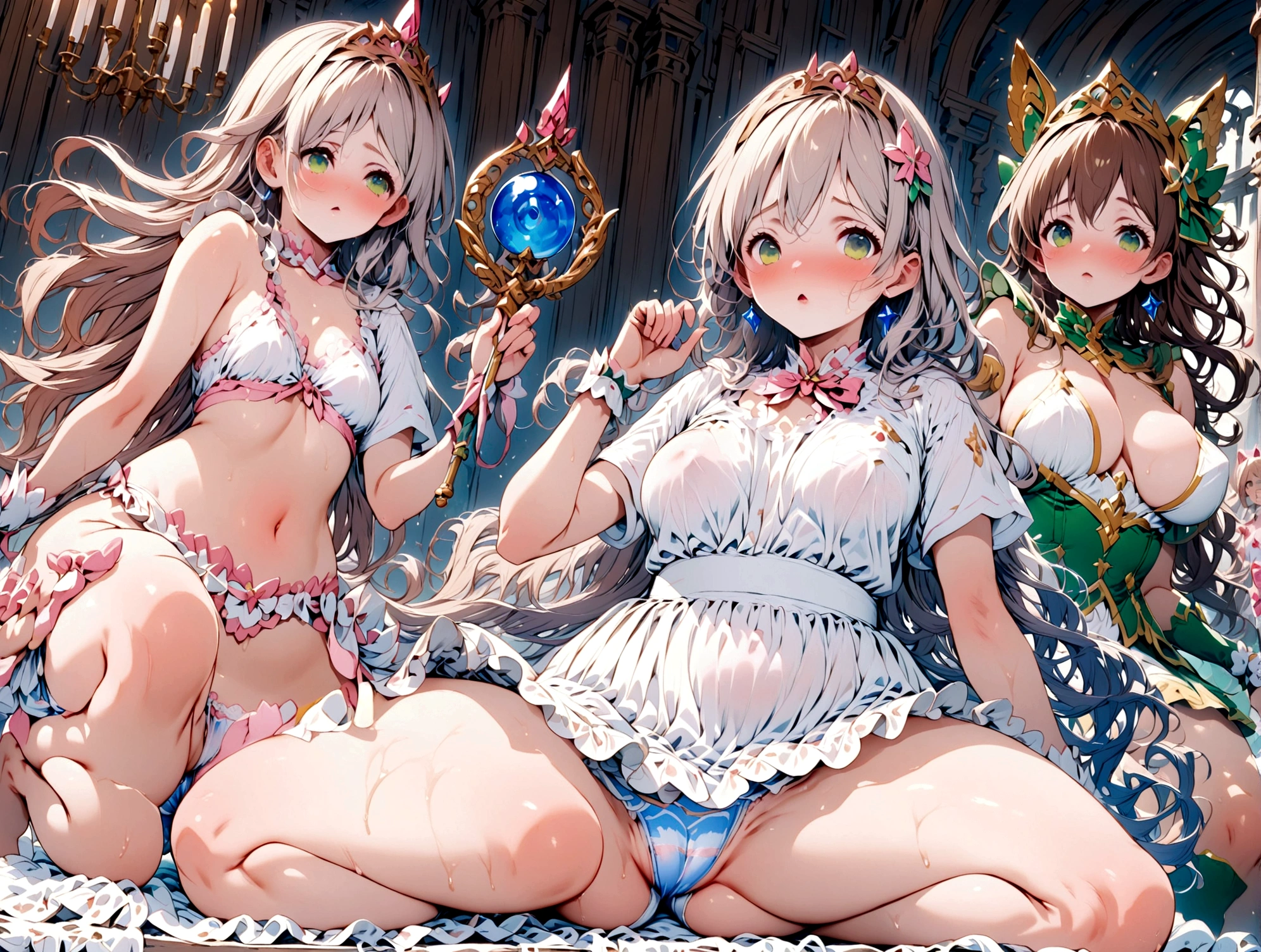 Hanazawa Kana、Plain white with soaking wetness and highlighting her boobsＴshirt、Ultramarine and white striped quatting and spreading her legs to show her underwear、When she squats down and lifts her skirt, her cute white frilly underwear is visible..、barefoot、library、Three girls of different heights Magical girl with a magic wand