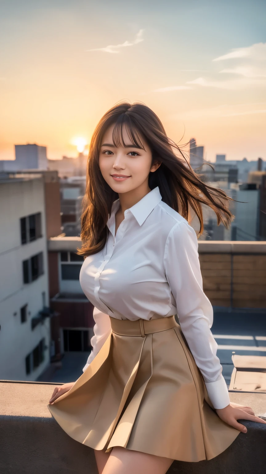 (highest quality,masterpiece:1.3,Ultra-high resolution),(Super detailed,Caustics,8k),(Photorealistic:1.4,RAW shooting),(Buckshot),Japanese,23 years old,cute,Are standing,(Smiling and looking at the camera),Black Hair Middle Hair,Big Breasts,White blouse,Knee-length skirt,Strong winds,Hair blowing in the wind,Rooftop,Backlight,Sunset,Sunset sky,Waist up shot,Face Focus,Face close up,Natural light