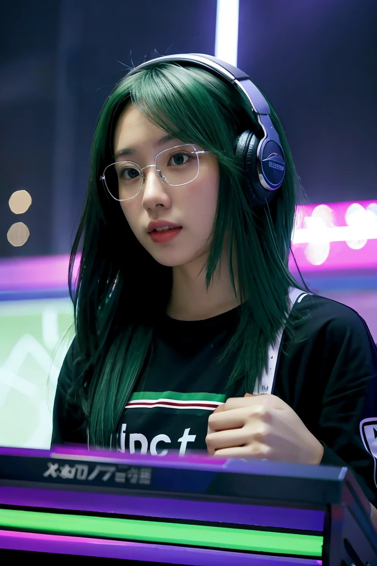 アニメ, djing girls, dj, dj girl, headphones, Rave, (highest image quality),masterpiece,best quality,extremely detailled CG wallpaper, ultra_detailled,(cinematic lighting:1.1), (Cold face), green eyes, 1girl, alone, Dark green_balck hair, short_balck hair, masterpiece, best quality, glasses