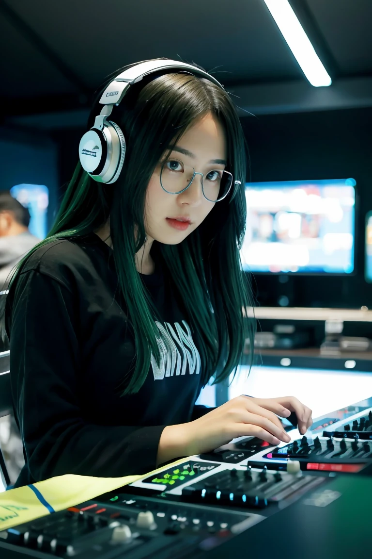 アニメ, djing girls, dj, dj girl, headphones, Rave, (highest image quality),​masterpiece,best quality,extremely detailled CG wallpaper, ultra_detailled,(cinematic lighting:1.1), (Cold face), green eyes, 1girl, alone, Dark green_balck hair, short_balck hair, ​masterpiece, best quality, glasses