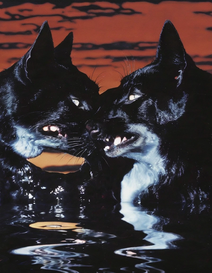 black cats kissing in black water, sunset background