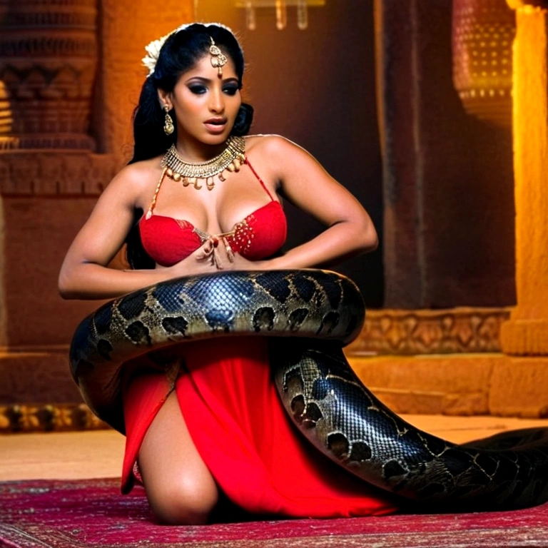 thong Pregnant Happy Horny, aroused 1girl), beautiful kneeling Indian young belly dancer with giant colossal black titanboa squeezing her hard, wrapped in thick spiraling coils, constricted, struggle, gasping for air, snake attack, snake peril, moonless night, dim light