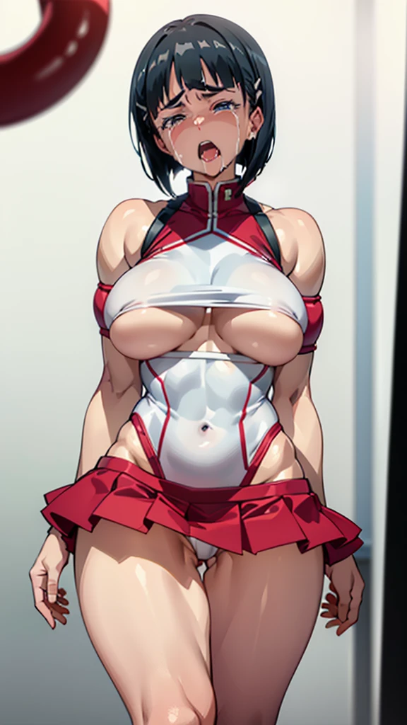 アニメ,Perfect Anatomy,Suguha Kirigaya,1female,crossed eyes,(rolling eyes),open mouth,(tongue out),(crying),side boob,(white highleg leotard),((micro skirt)),short hair,large breasts,(slim body)