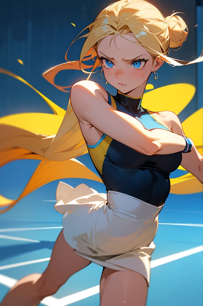 A beautiful mid-twenties woman with long, blonde hair up in a bun. She has big, blue eyes and delicate features, with a confident and dominant expression. She is playing tennis and is in a dynamic pose, striking at the ball with intensity. The background shows a tennis court, and her outfit is sporty. The scene shows her whole body in action, rendered in a highly detailed digital painting style. The focus is on vibrant colors, dynamic lighting, and artistic details, capturing the energy and motion of the mome