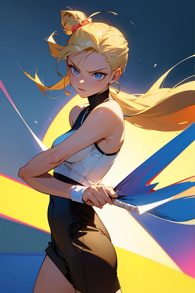 A beautiful mid-twenties woman with long, blonde hair up in a bun. She has big, blue eyes and delicate features, with a confident and dominant expression. She is playing tennis and is in a dynamic pose, striking at the ball with intensity. The background shows a tennis court, and her outfit is sporty. The scene shows her whole body in action, rendered in a highly detailed digital painting style. The focus is on vibrant colors, dynamic lighting, and artistic details, capturing the energy and motion of the mome