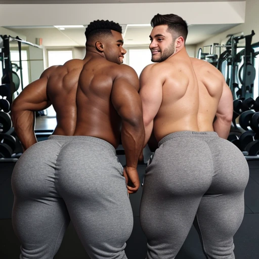 Two male college football players, muscular, jocks, at the gym, athletic, shirtless, dark brown hair, wearing grey sweatpants, big butt, huge ass, curvy men, comically massive ass, bubblebutt, thick, thicc, thick ass, thick legs, thick thighs, huge butt cheeks, ass huge, showing butt to camera, smiling, looking back at camera, big booty, boy booty, men with huge butts, men in grey sweatpants, showing off ass, absolutely massive butt, enormous ass cheeks in grey sweatpants, full ass, round ass, juicy ass, expansive ass, tight sweatpants, filled sweatpants, perky fat butt cheeks, gay for each other, gay, homosexual