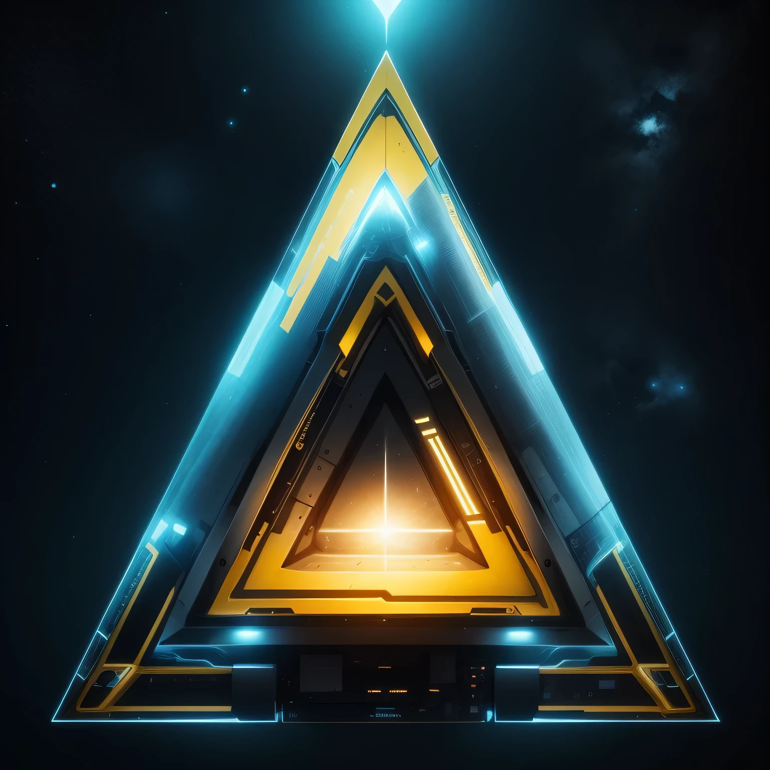 black and yellow coloured lights, yellow colour on the top, white colour in the middle, triangle shaped spaceship in space