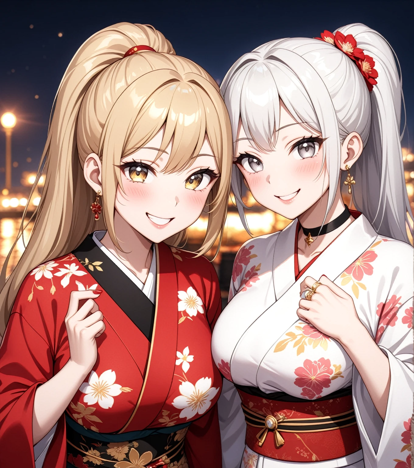 ((Two Women)), Beautiful Face, (Laughing embarrassedly), ((smirk)), ((Wink:1.8)), ((clothed sex:1.3)), Laugh with your mouth wide open,((Bright red cheeks:1.4)),Shiny red lips, night,横浜のnight景,You can see the ocean, firework,Glossy pink lips,Facial lighting,((Anime style background)),masterpiece, Highest quality, so beautiful,up to date, Complex details, (4fingers and 1thumbs), (Pink long nails), (ring),(bracelet),(choker),AI-generated, Complex,High resolution, Highest quality, super high quality,3D Images、3D Images,One person,Long white hair in a high ponytail, ((Fine grain、Silvery white eyes、Shining Eyes:1.4)), (Squint your eyes:1.1), Long blonde hair in a high ponytail, Anime woman posing for a photo, a hyperRealistic , hyperRealistic , Realistic,Anime woman with long white hair, Smooth anime CG art, A woman in a colorful kimono with gold embroidery, (Black long sleeve kimono),(Pink long sleeve kimono), Red floral pattern,Long flower hair ornament,Earrings,Mature Body,(Big Breasts:1.1),Tall,Abdominal muscles,Narrow waist,(Zoom in on face),