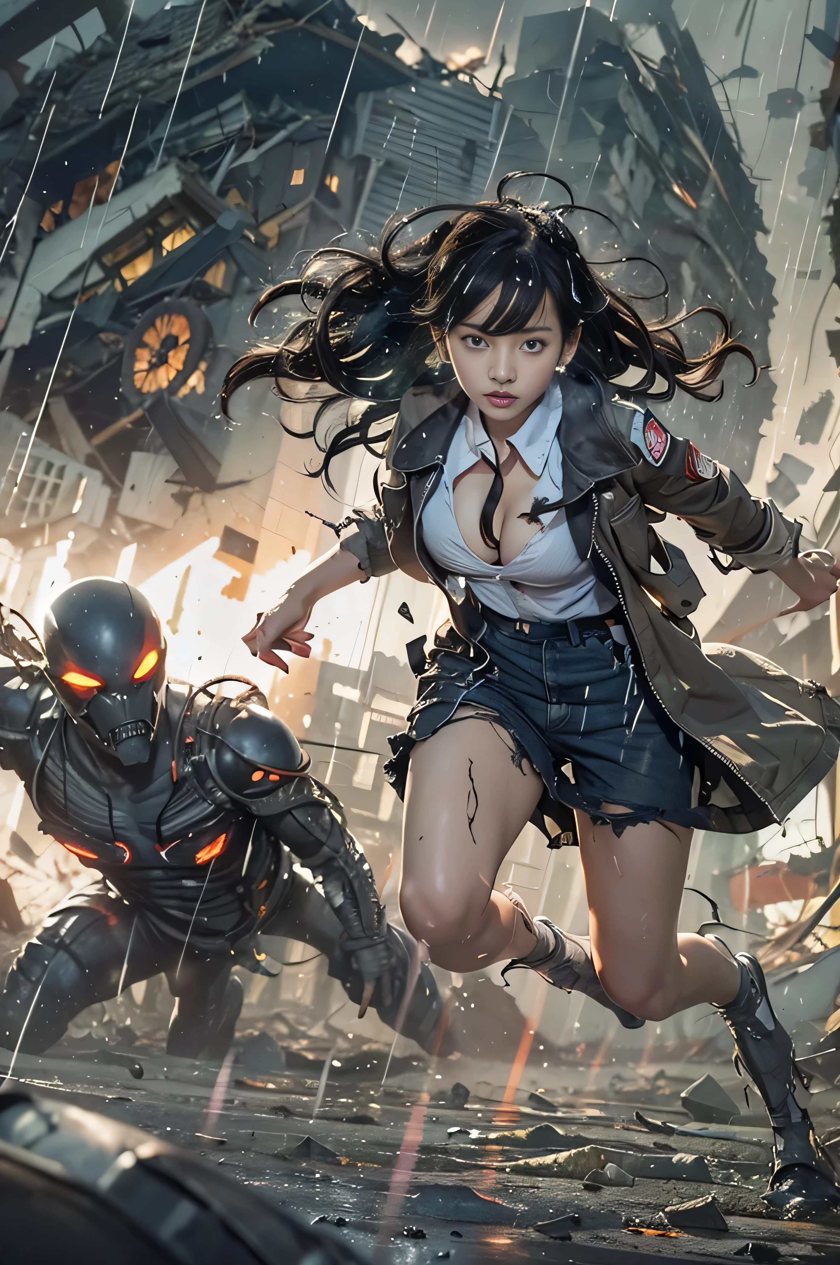 (((RAW Image Quality:1.4))), Movie heroine "Evil black alien". Woman being chased by giant wet alien with glowing yellow eyes., Cute Japanese woman desperately running away from giant aliens in destroyed metropolis.., 14 years old, Straight Short Hair, messy black hair, Tattered pilot suit, (Torn clothes:1.4), ((Cleavage:1.4)), (Running through the rubble:1.4). Crumbling Building, Burning Flames, explosion、White skin, Smooth Skin, (Stunningly beautiful face:1.4), Familiar, Realistic, 8k. Many black tentacles attack her.., Biologically correct woman, Negative Prompt. (Heavy rainy night:1.4), Blurred Background,