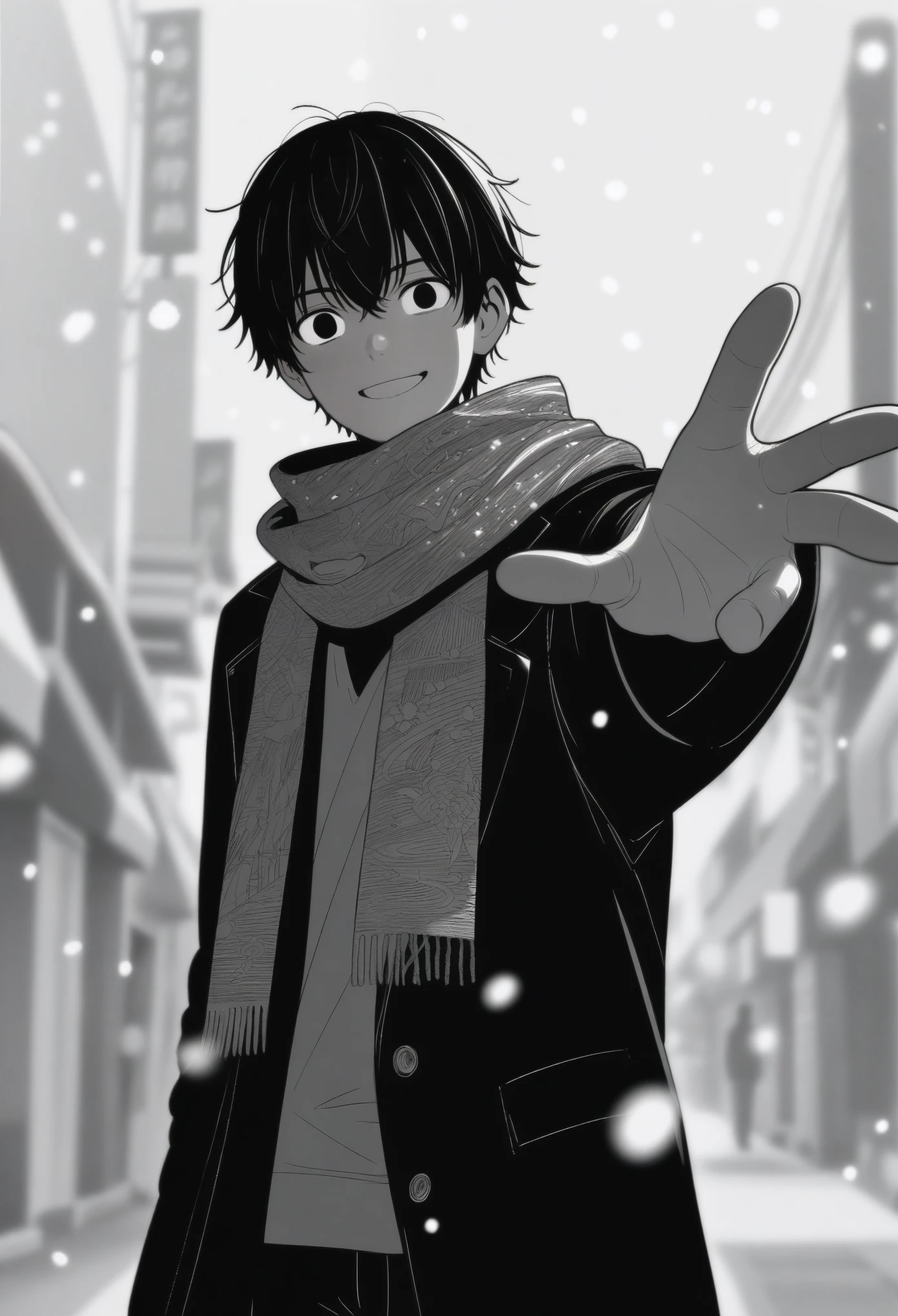 masterpiece, best quality, 1boy mamerakkkkko, grayscale, manga style, japanese, chi no wadachi, black eyes, street, iced, short black hair, smile, lineart, black coat, black scarf, black pants, centered, 18 years old, tall, fair skinned, bokeh background, two-block cut, light particles, centered, snowing, (((reaching out left hand to viewer, perfect hand, detailed hand:1.1)), emotional anime scene, (very aesthetic, best quality, ultra detailed), intricate details
