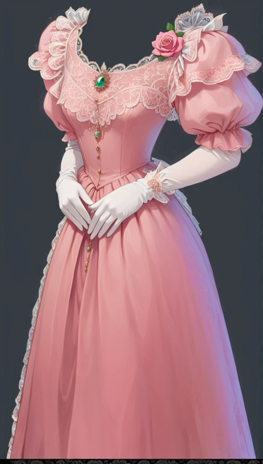 beautiful illustration, ultra-detailed, masterpiece, pink dress, white long gloves, victorian era, victorian dress, glitter, roses, white lace, beautiful dress, anime style, a lot of gems on the lace, a lot of lace, a lot of lace