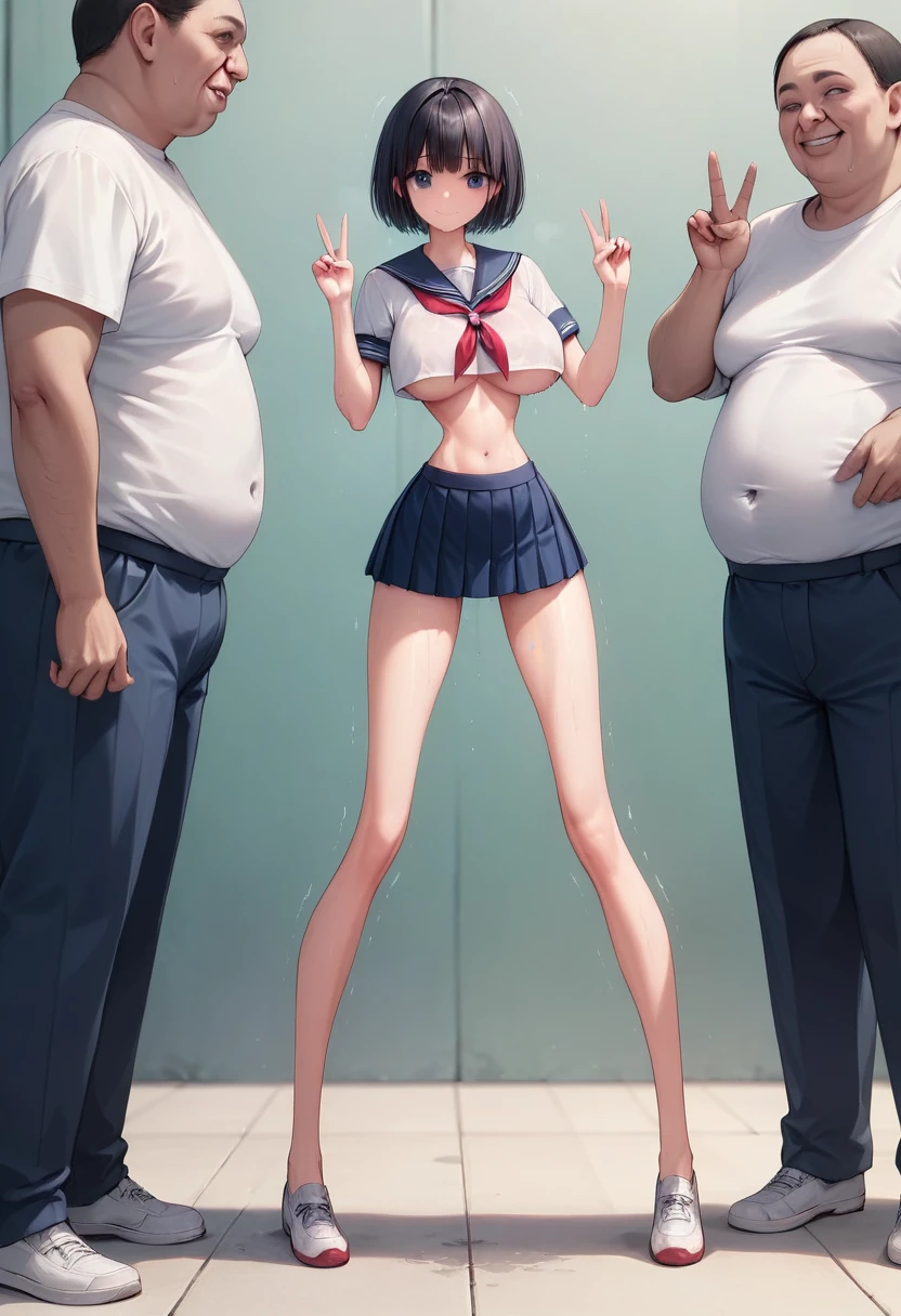 (masterpiece, best quality:1.2), front shot,  beautiful 1girl, (micro waist, very long legs:1.3), super big breasts, Black hair, short bob hair, short height, scrawny and thin body, Light Skin, cute big eyes, cute beautiful thin face, forced smile, serafuku, mini skirt, pigeon-toed, wet and sweaty, visible ribs, Long and thin navel, V sign, Trembling, her breasts fondled by ugly man