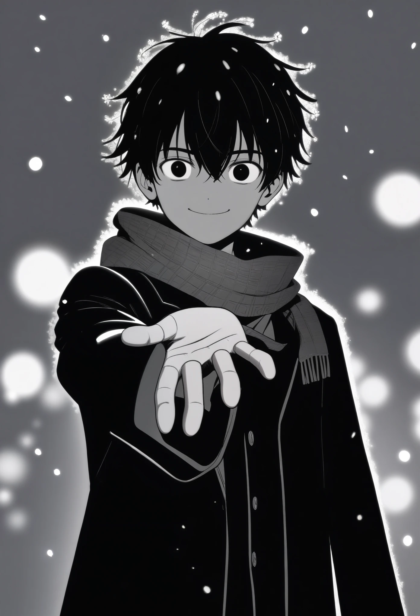 masterpiece, best quality, 1boy mamerakkkkko, grayscale, manga style, japanese, chi no wadachi, black eyes, street, iced, short black hair, smile, lineart, black coat, black scarf, black pants, centered, 18 years old, tall, fair skinned, bokeh background, two-block cut, light particles, centered, snowing, (((reaching out left hand to viewer, perfect hand, detailed hand:1.1)), emotional anime scene, (very aesthetic, best quality, ultra detailed), intricate details
