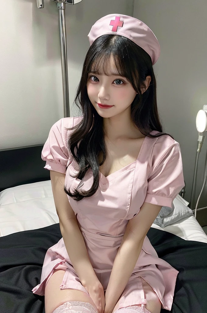 Browsing Caution、((valley:1.5))、Exposed nipples、Big Tits 、(((pink nurse uniform))、whole body、double eyelid、valley、Hospital room、White garter belt、On the bed、(spread legs:1.5)、Highest quality, Very detailed, Fine details, High resolution, 8K, Perfect dynamic composition, Beautiful details, Beautiful 20 year old woman、The only person,Black Hair、Glamorous Body、Cute face、V-neck、Bright lights、Raise your arms、Two Arms