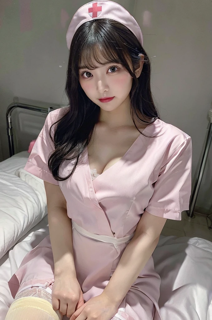 Browsing Caution、((valley))、Exposed nipples、Big Tits 、(((pink nurse uniform))、whole body、double eyelid、valley、Hospital room、White garter belt、On the bed、(Split seat)、Highest quality, Very detailed, Fine details, High resolution, 8K, Perfect dynamic composition, Beautiful details, Beautiful 20 year old woman、The only person,Black Hair、Glamorous Body、Cute face、V-neck、Bright lights