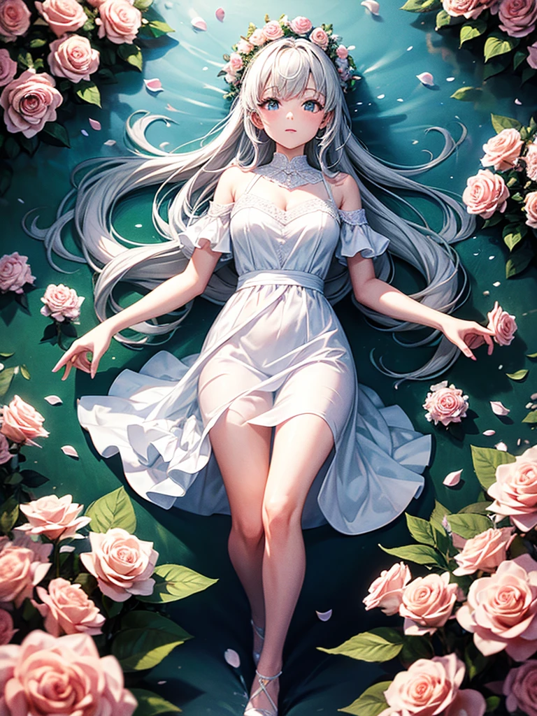 Highest quality,Highest Resolution,A girl in a white dress surrounded by roses,