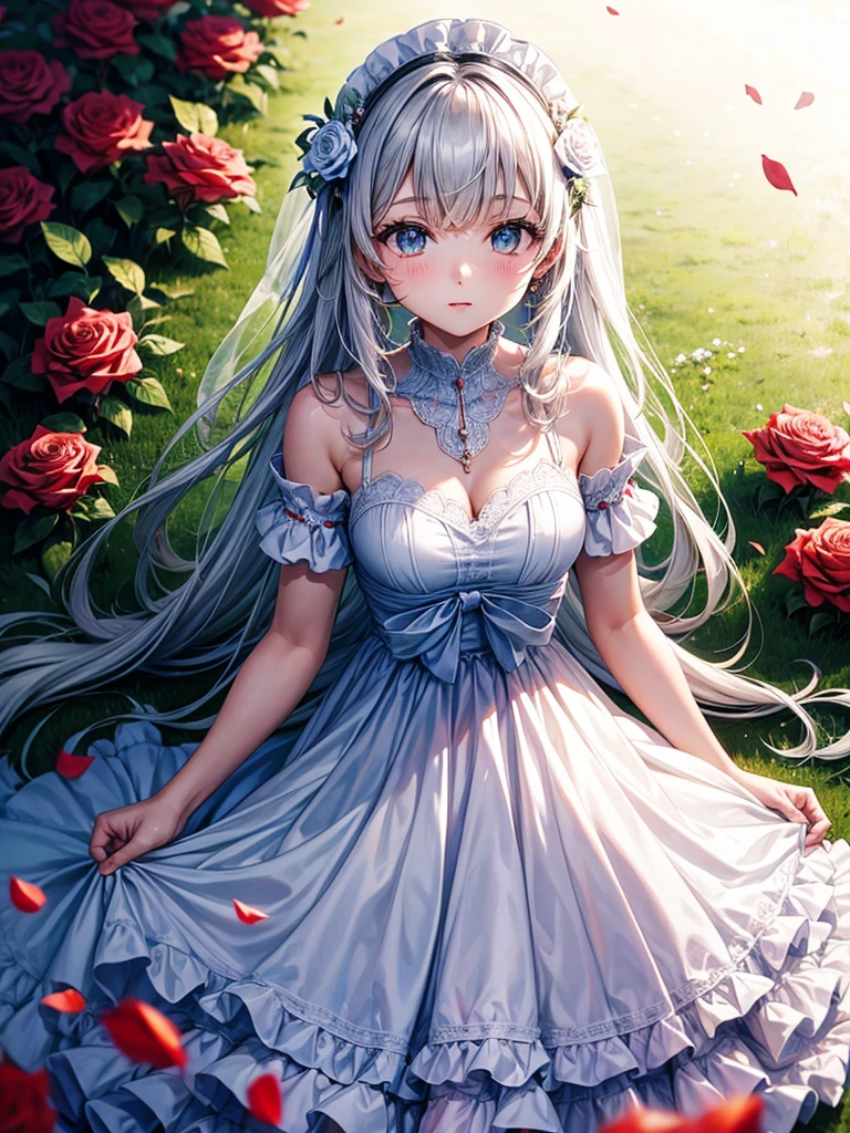 Highest quality,Highest Resolution,A girl in a white dress surrounded by roses,