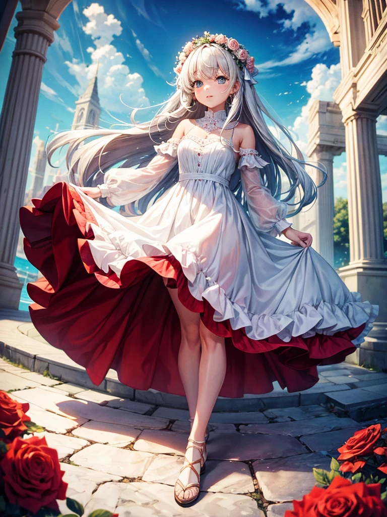 Highest quality,Highest Resolution,A girl in a white dress surrounded by roses,
