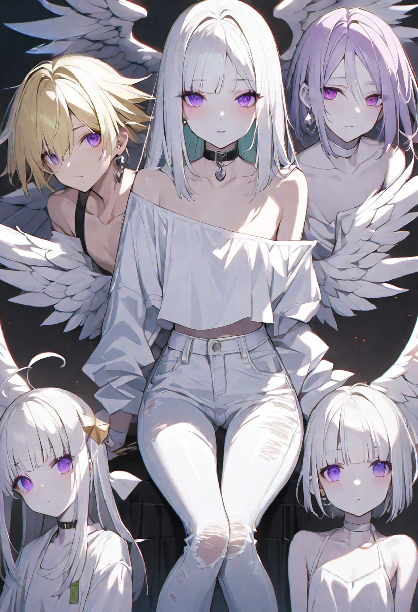 独奏, handsome, 1. Female, hime cut,Straight Hair,Bob Hair, White hair, nakano yotsuba, purple Eyes,Soft look,beautiful,beautiful,sexly,Darkness,Lots of silver earrings,choker, White Off Shoulder,White Distressed jeans,Good, White skin, black background,Angel Wings,Devil&#39;s Wings,