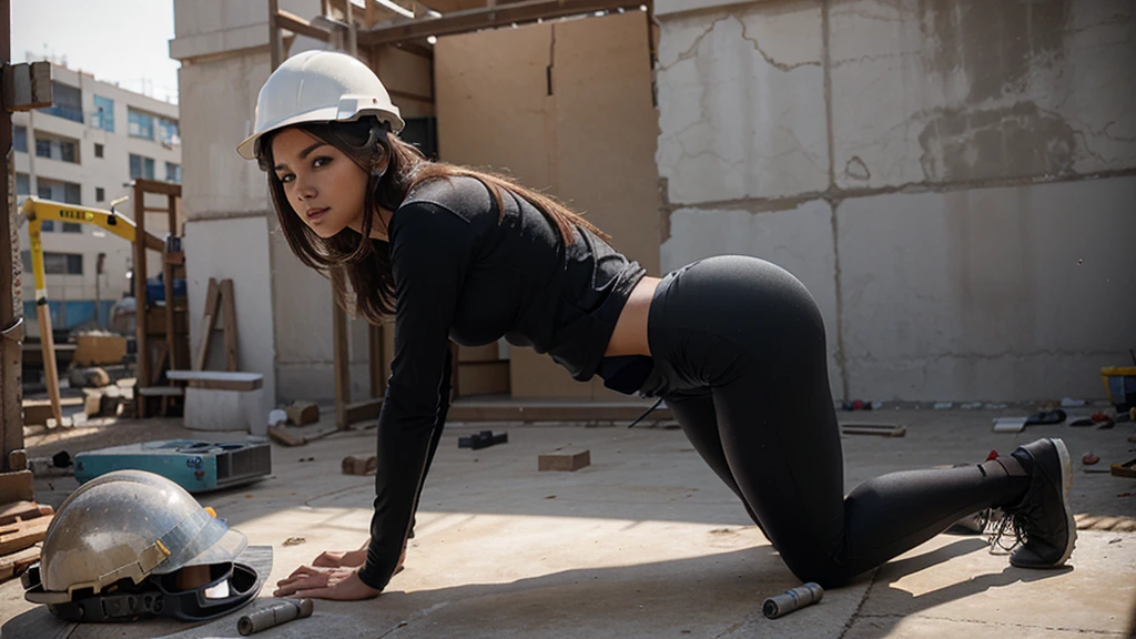 beautiful sexy girl in tight clothes and protective helmet working at a construction site, bent over hammering nails