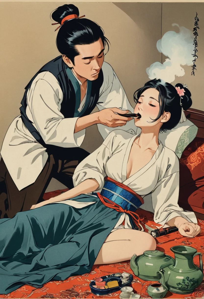 A woman smokes a large amount of opium and becomes intoxicated.。A man is trying to rape this woman