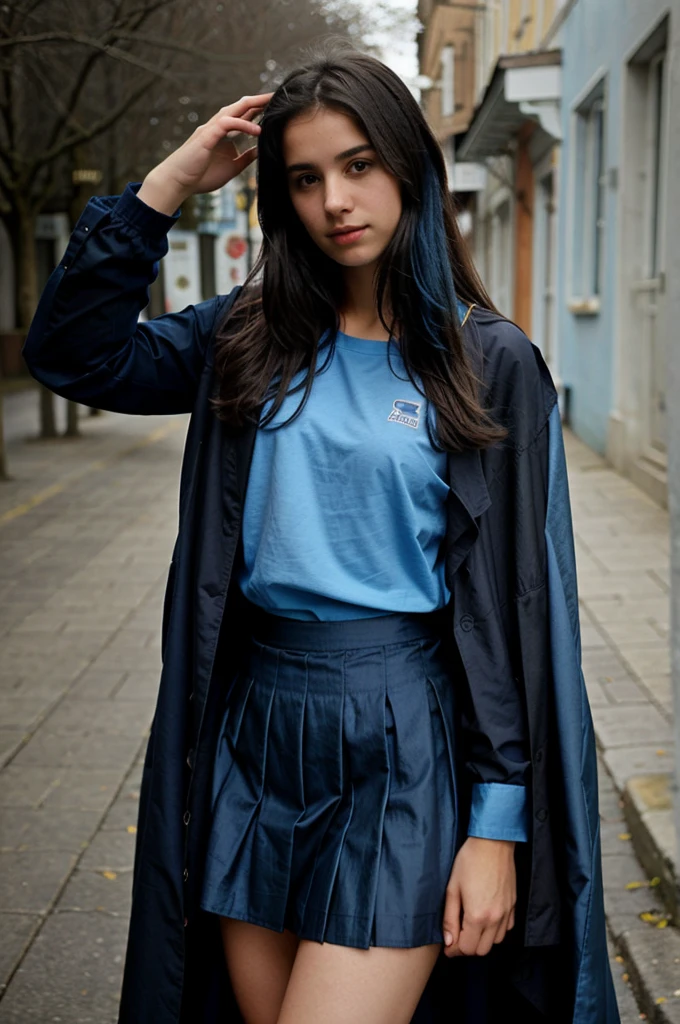  de *******, with a long blue and black skirt, and a blue shirt, with a black jacket and a blue and black cape 