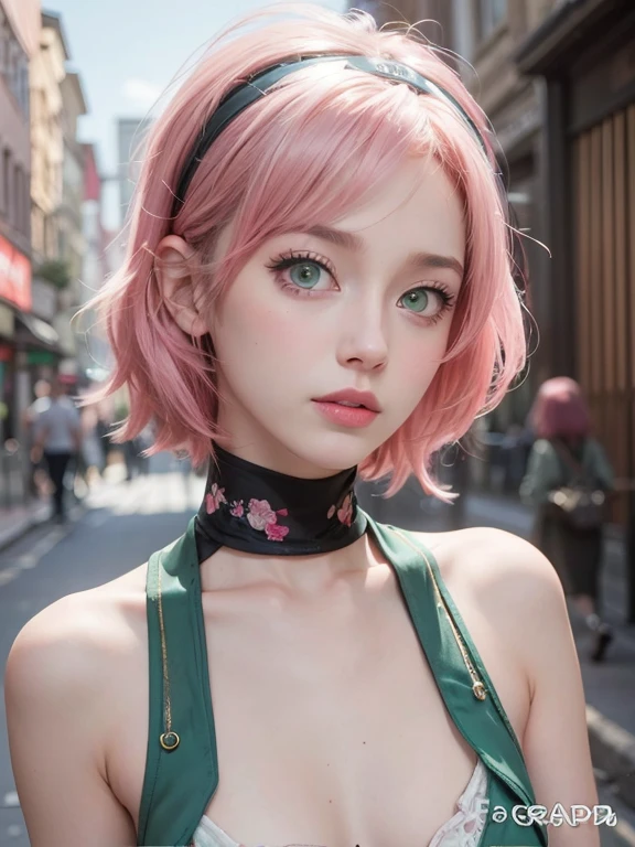 young woman, short shoulder-length pink hair, wide forehead, porcelain skin, pink eyebrows, big emerald green eyes, buttoned nose, full lips, heart-shaped face, slender body, small breasts, red tank top, Sakura Haruno , realistic, realism, details, 3d, well detailed