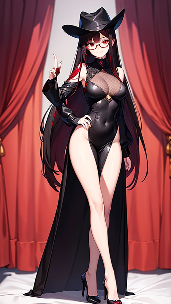 (Masterpiece), (best quality), 20 year old girl, long black red hair, red eyes, solid round eyes, smile softly, shadow, 8K, Awesome details, precise, best quality, UHD, textured skin, Black glasses, Leg length black evening dress, black commander hat.