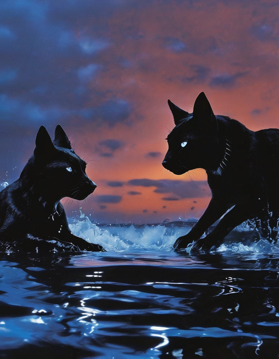 black cats kissing in black water, beautiful clouds, sunset background
