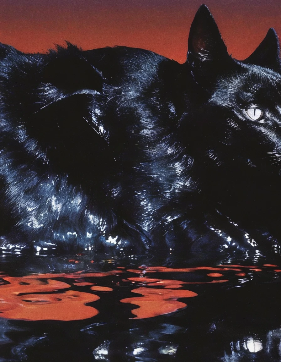 black cats kissing in black water, beautiful clouds, sunset background